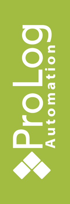 Weißes ProLog Automation Logo auf Grünem Grund gelesen von unten nach oben
