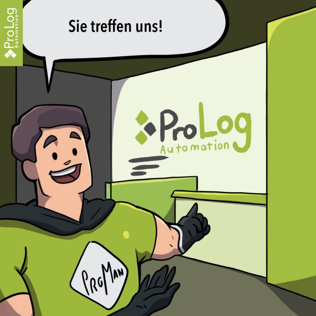 ProLog Automation auf der LogiMAT Messe 2024. ProMan Comic-Figur begrüßt Sie!