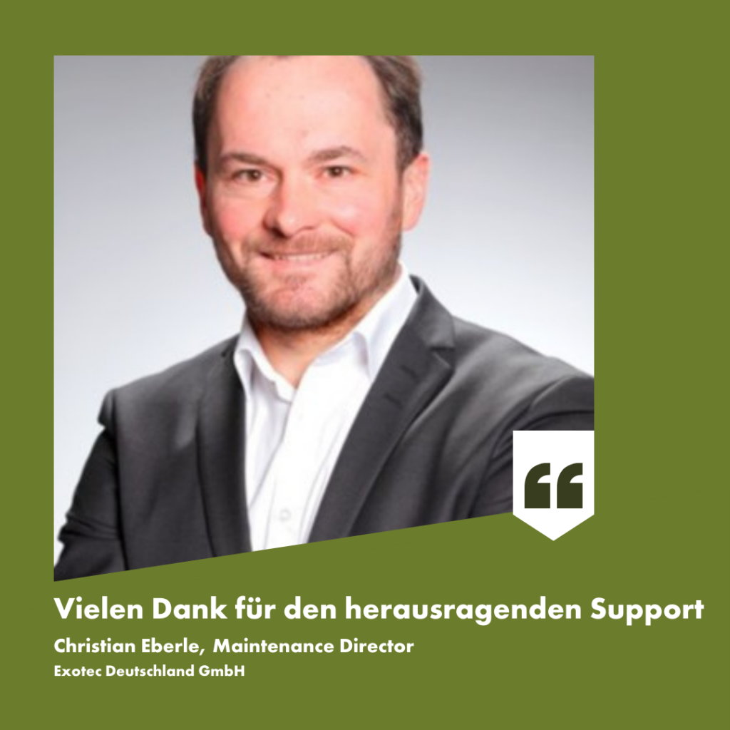 Portrait von Christian Eberle von Exotec. Darunter ein Zitat in dem Herr Eberle sich für den Support bedankt.