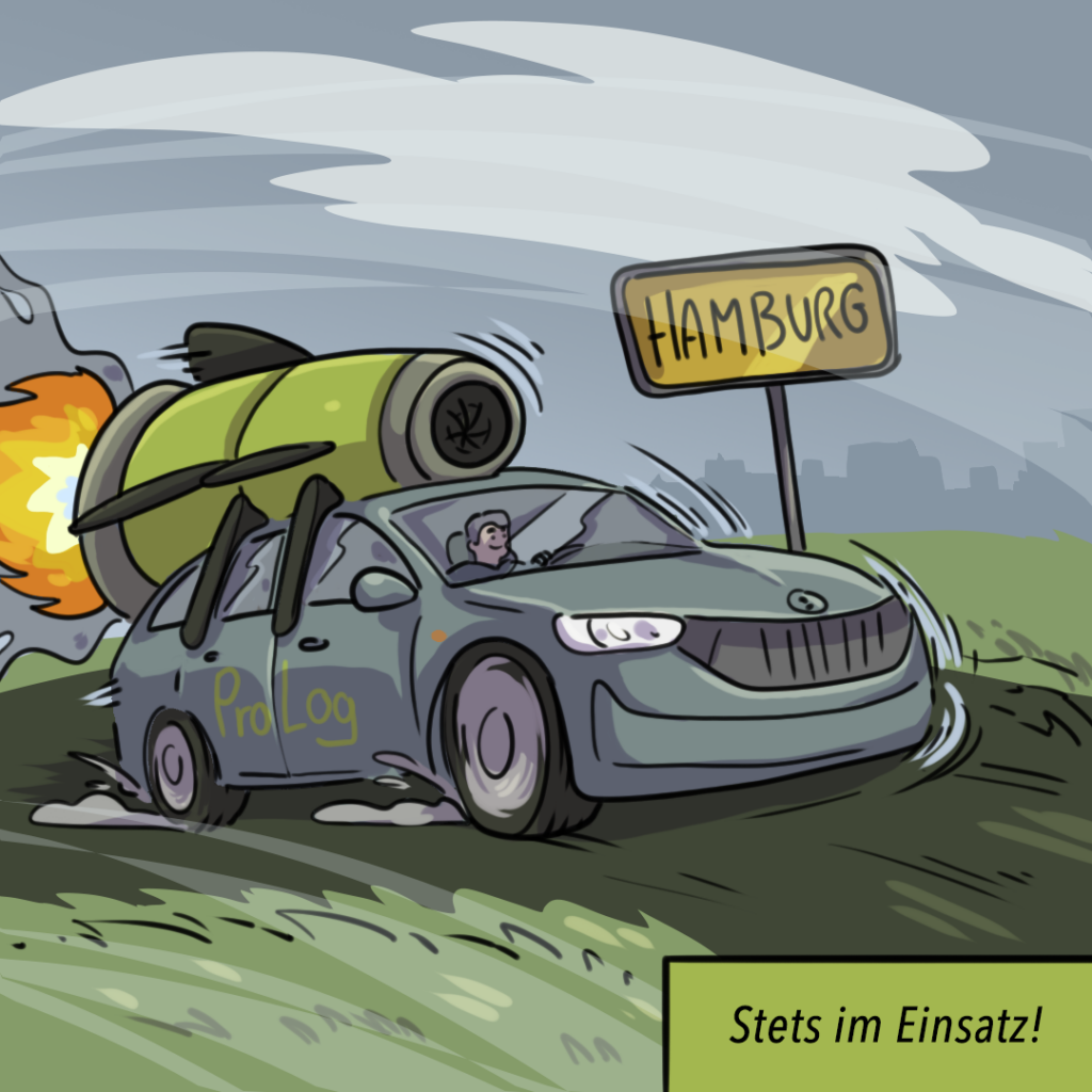 Auto mit einer Rakete auf dem Dach. ProMan ist stets im Einsatz und rettet kurz vor dem Start mit Expertenwissen die FTS Anlaufbegleitung.