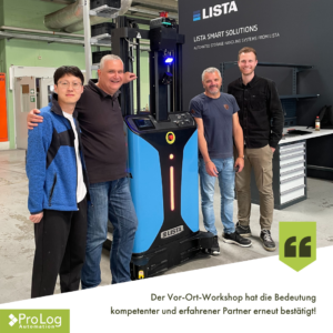 Vier Personen bei LISTA GROUP. Der Vor-Ort-Workshop mit ProLog Automation bestätigt die Bedeutung kompetenter Partner erneut