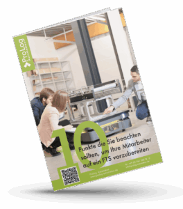 Mock-Up mit wichtigen Punkten, die Unternehmen beachten sollten, um ihre Mitarbeitenden auf ein Fahrerloses Transportsystem (FTS) vorzubereiten.